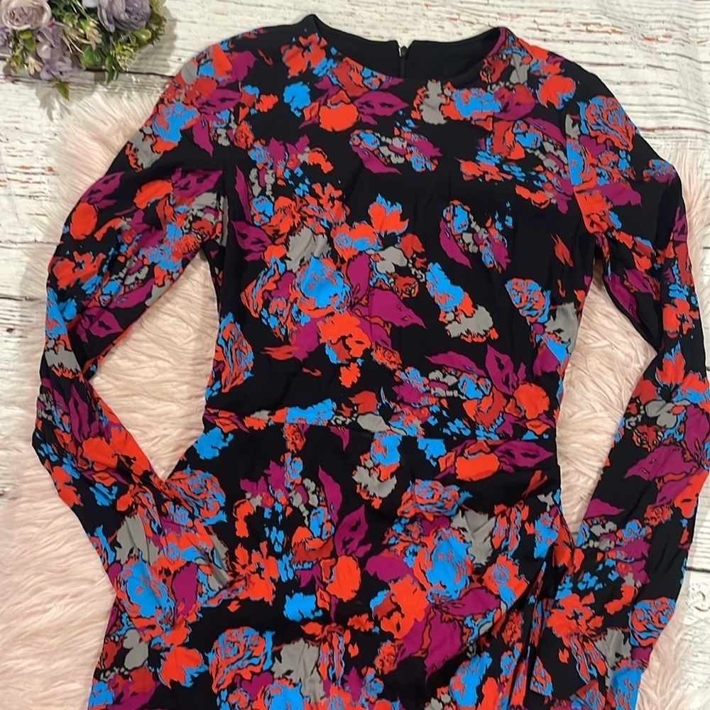 Givenchy Graphic Print Black Floral Long Sleeve Ruched Side Dress - Picture 8 of 9